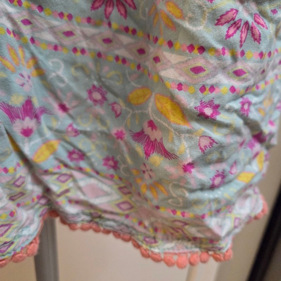 Jordache Girls Denim Overall Dress Floral Skirt Pom Pom Trim Blue Pink L 10-12 - Picture 3 of 5